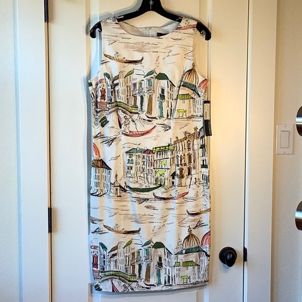 Chetta B sleeveless cotton shift dress with Venice canal scene